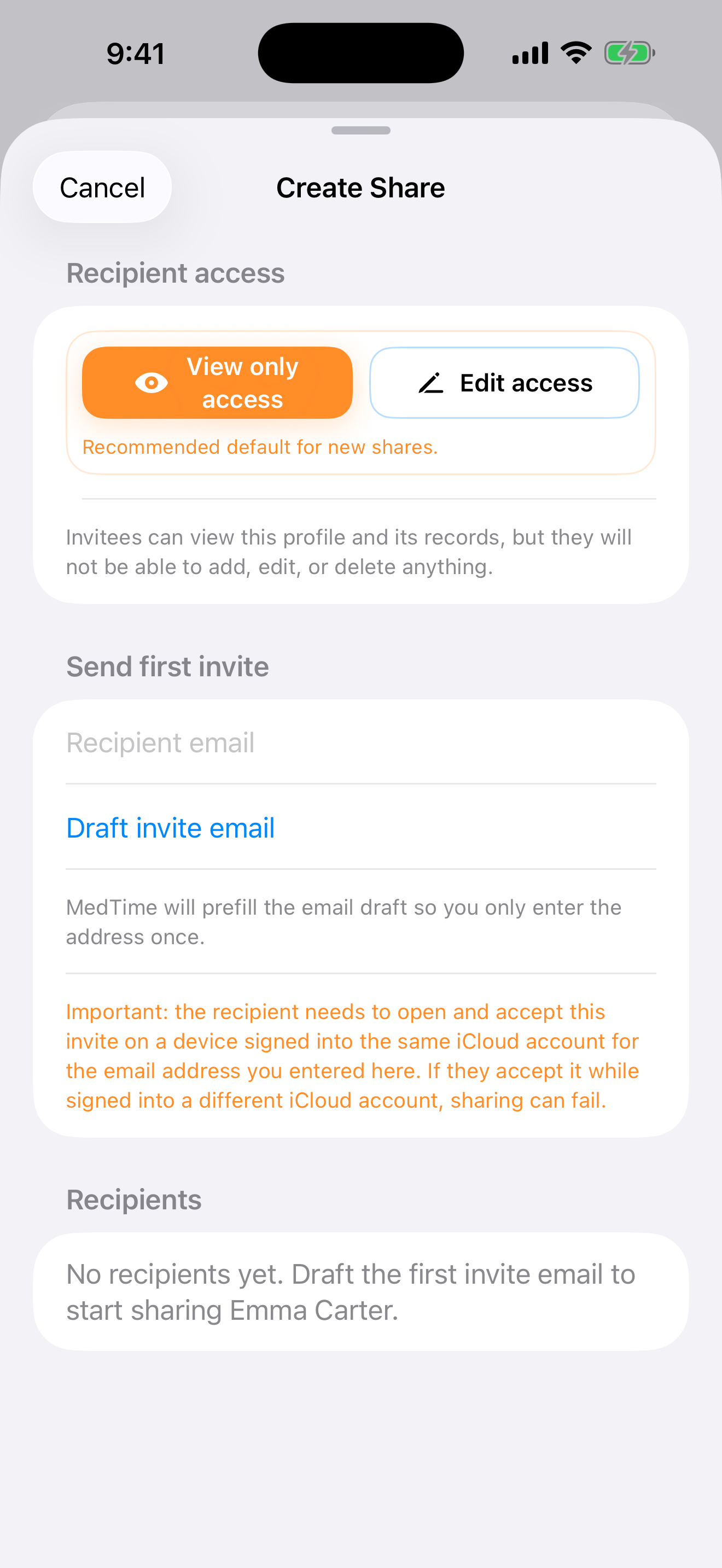 MedTime create share screen showing view-only and edit access choices.