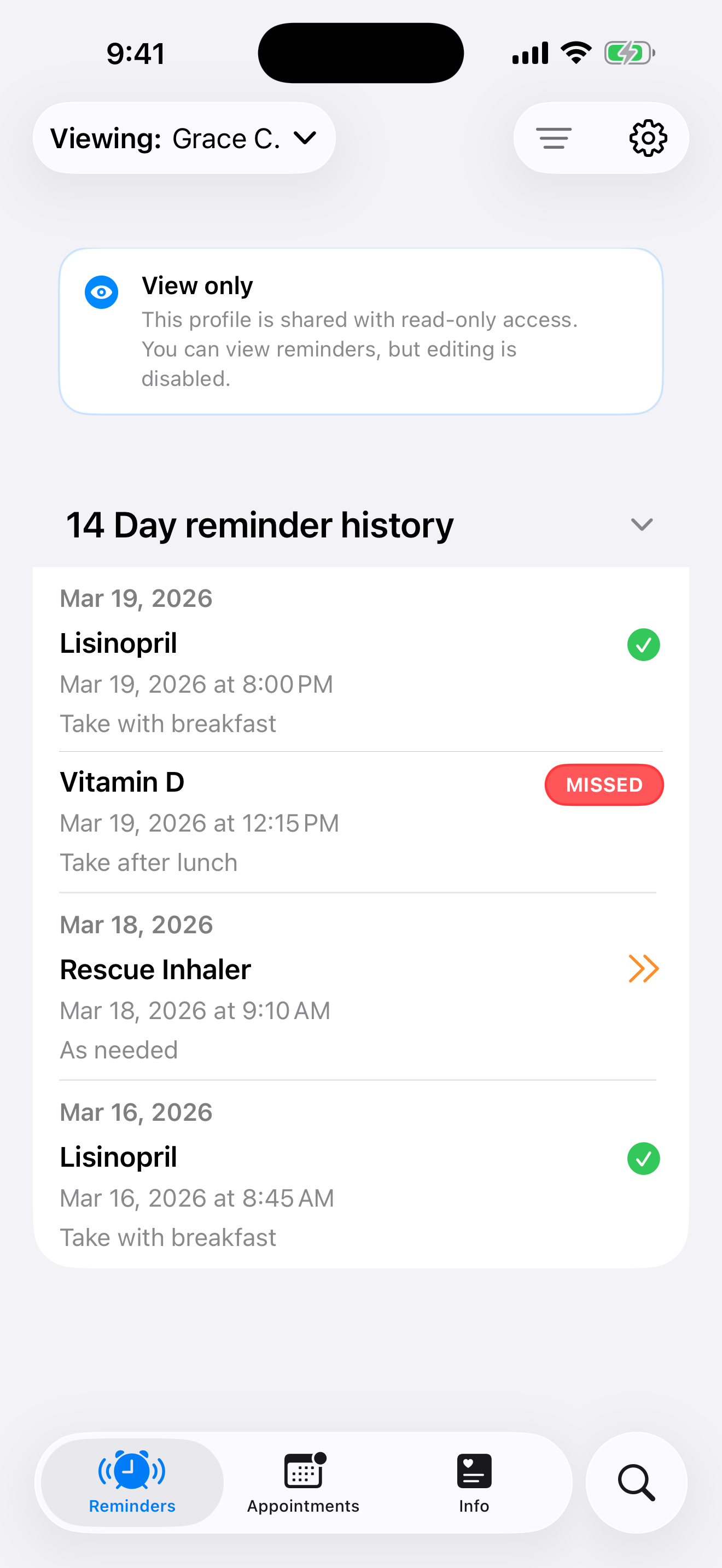 MedTime shared reminder history showing taken, missed, and follow-up reminder statuses.