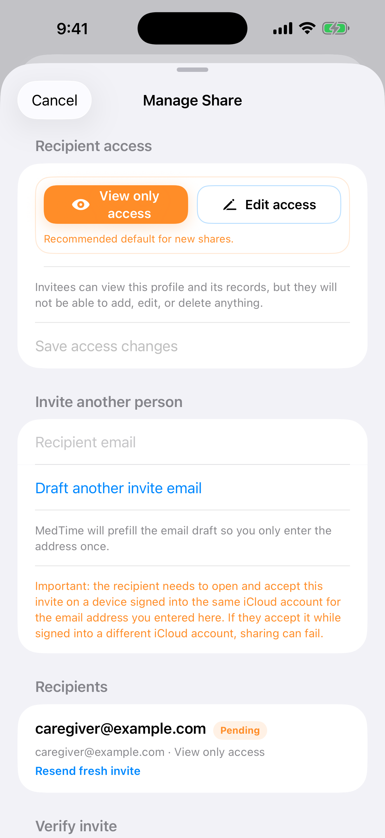 MedTime manage share screen showing pending recipients and invite controls.