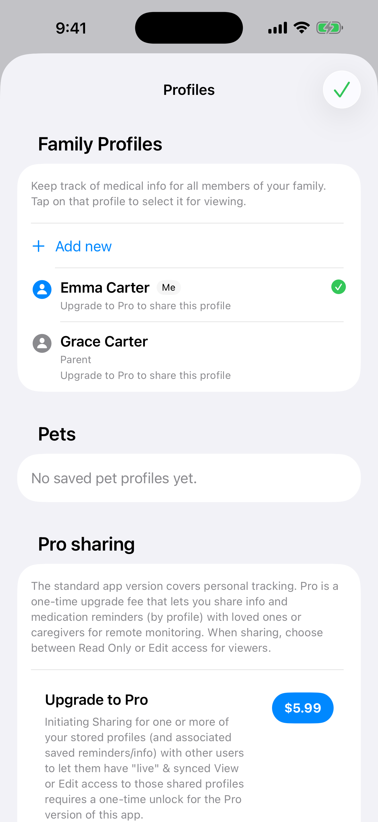 MedTime profiles screen showing the Pro sharing section and one-time upgrade.
