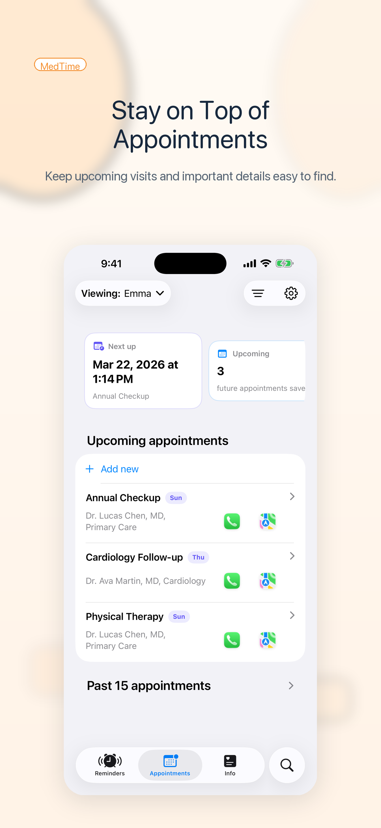 MedTime appointments screen showing the next appointment and upcoming visits.