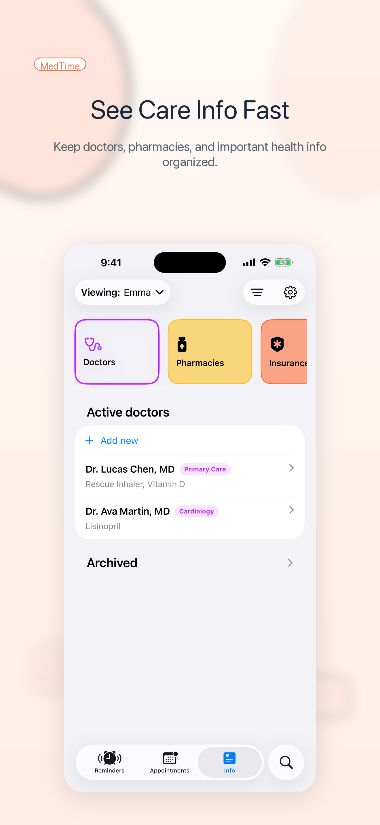 MedTime doctors screen showing organized doctor and pharmacy information.