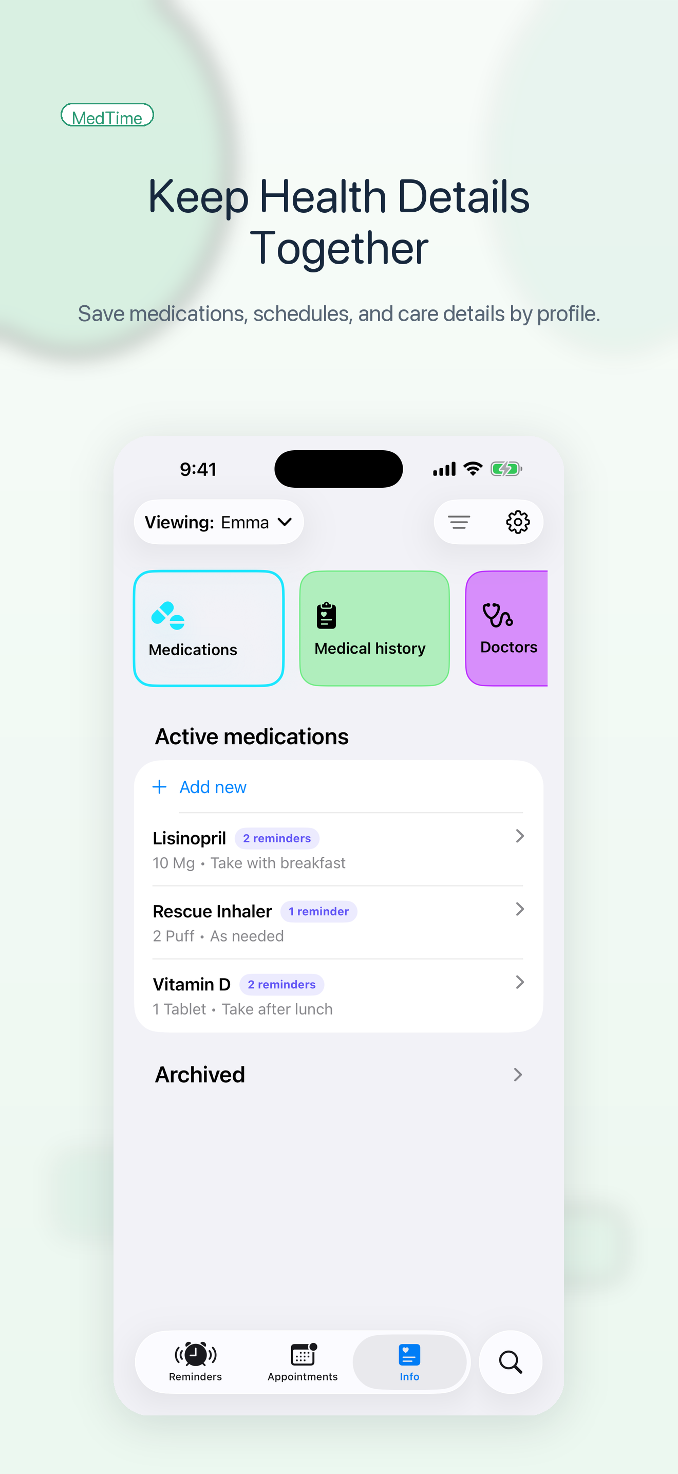 MedTime information screen showing medications and other saved health details by profile.