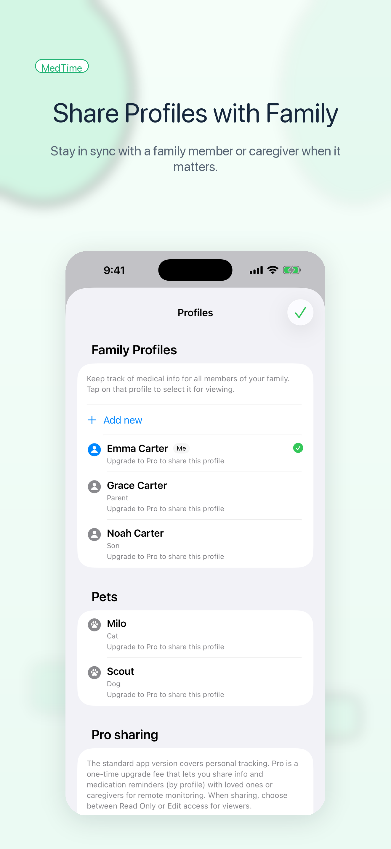 MedTime profiles screen showing family profiles, pet profiles, and Pro sharing options.