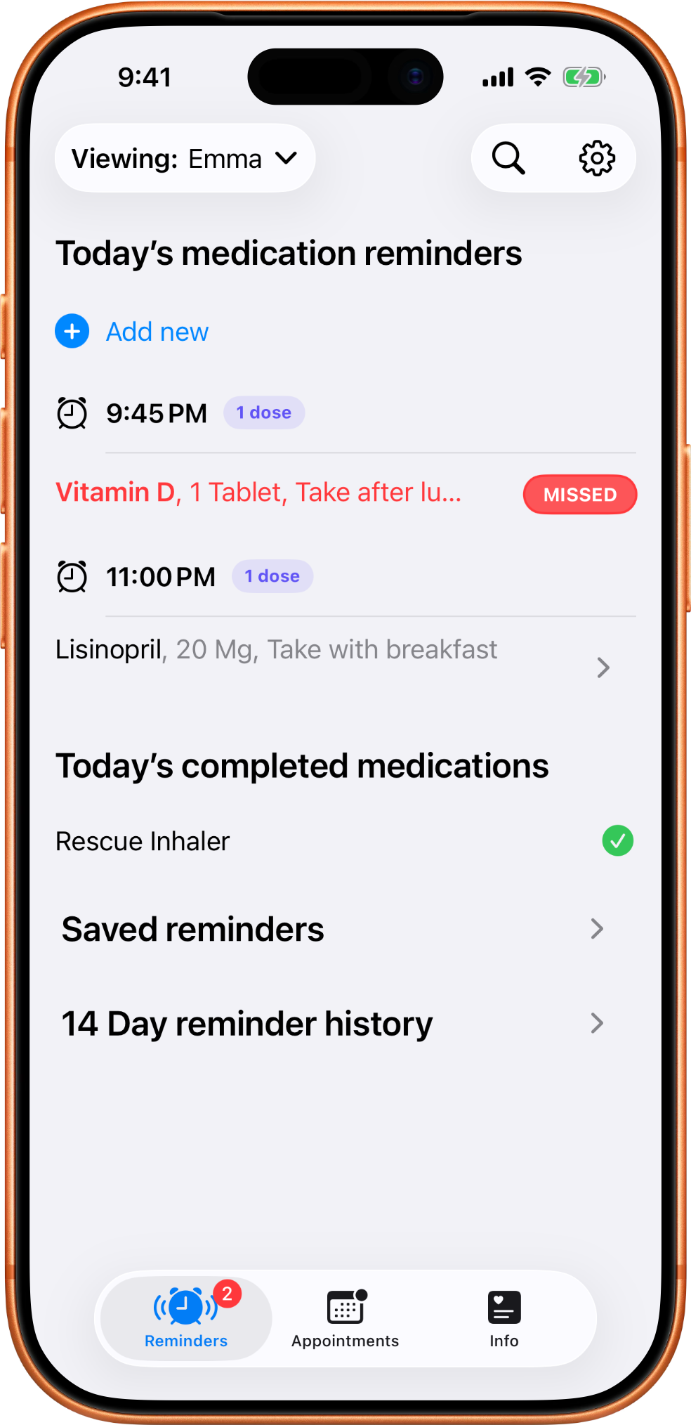 MedTime reminders screen showing a missed medication, an upcoming dose, completed medication, saved reminders, and 14 day reminder history.