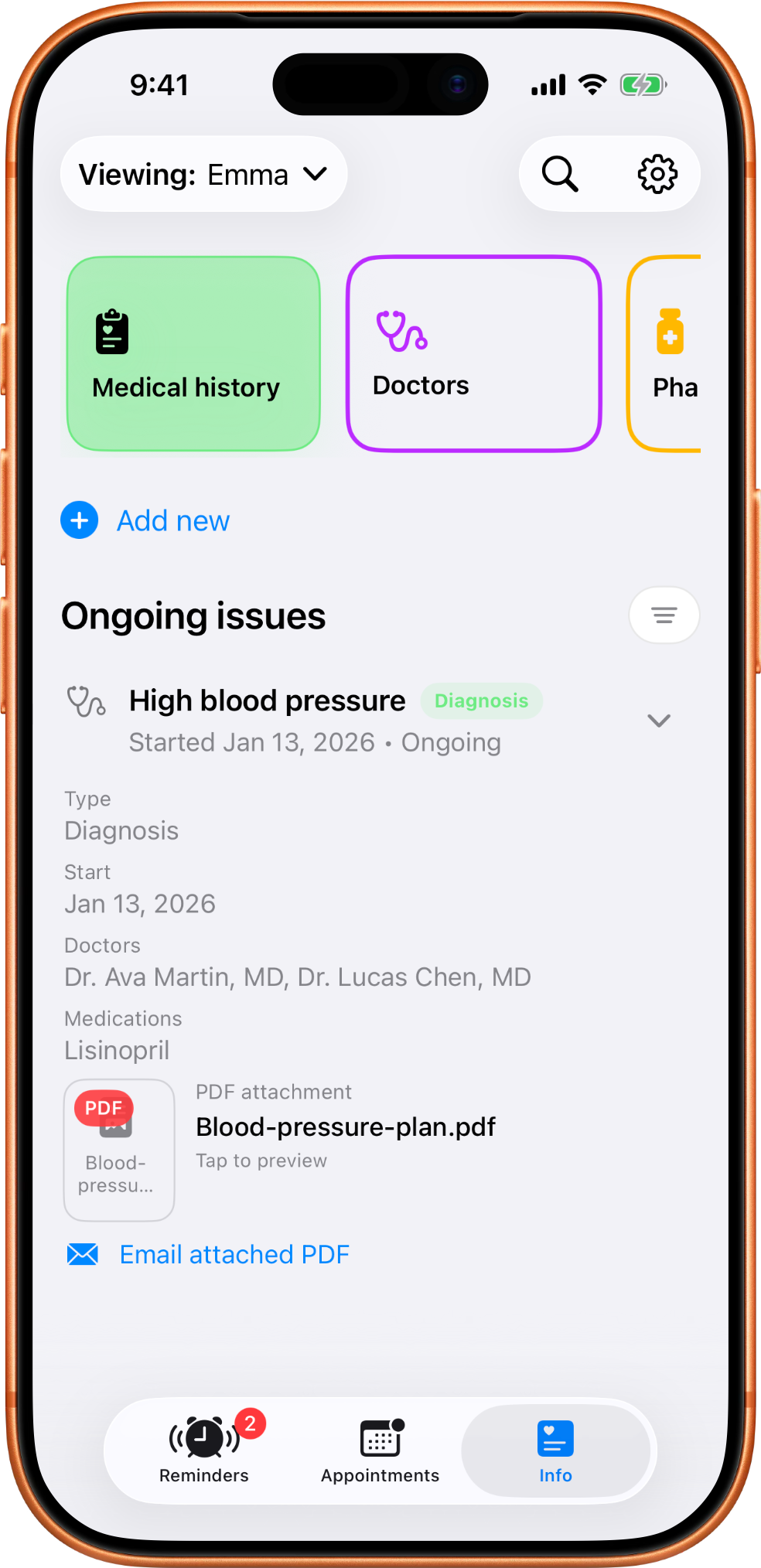 MedTime medical history screen expanded to show a diagnosis, doctor, medications, and a PDF attachment.