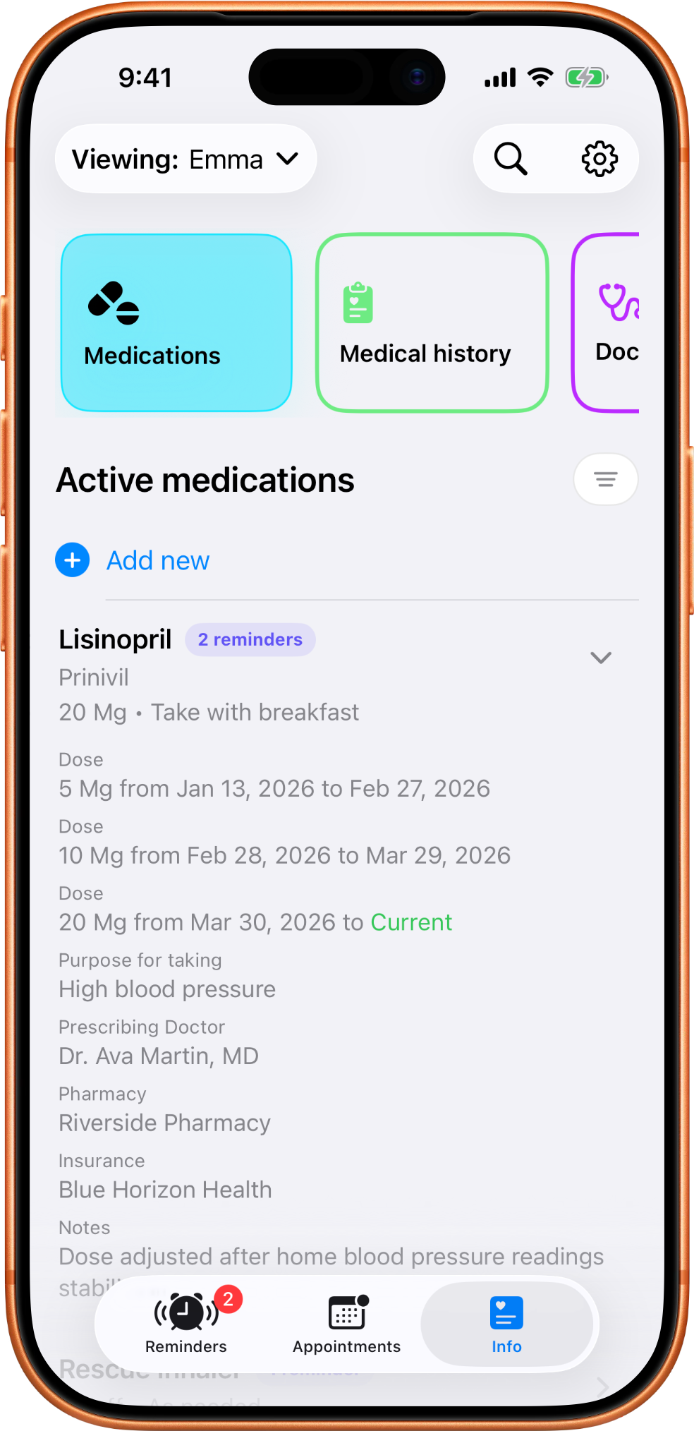 MedTime medication screen expanded to show dose history, current dose, purpose, prescribing doctor, pharmacy, insurance, and notes.