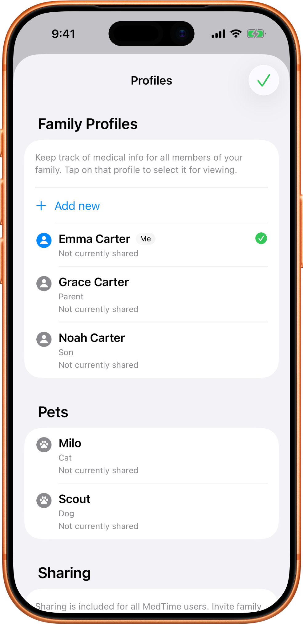 MedTime profiles screen listing multiple family members and pets that can each have separate care records.