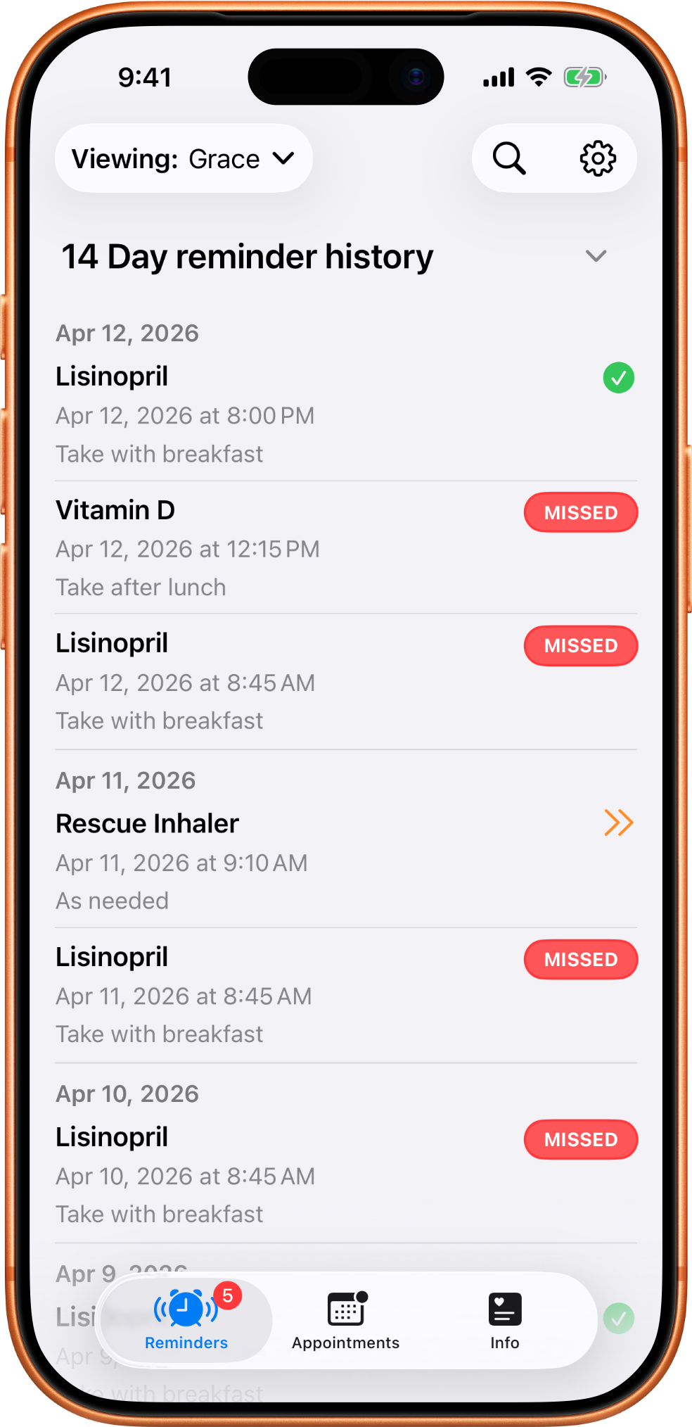 MedTime 14 day reminder history screen with mostly taken medications and a few missed doses for a sample profile.