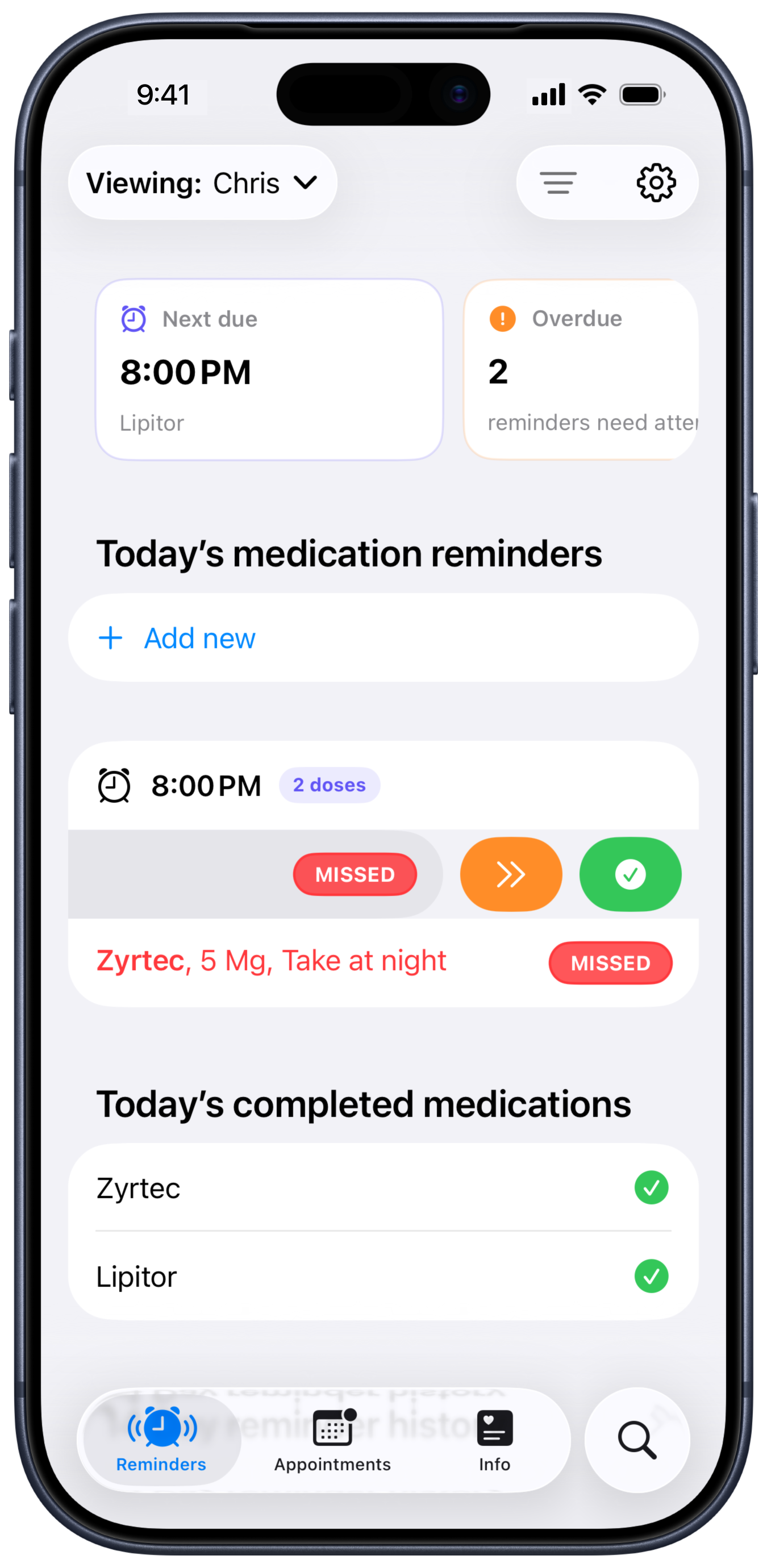 MedTime list screen demonstrating the left-swipe gesture on a saved record.
